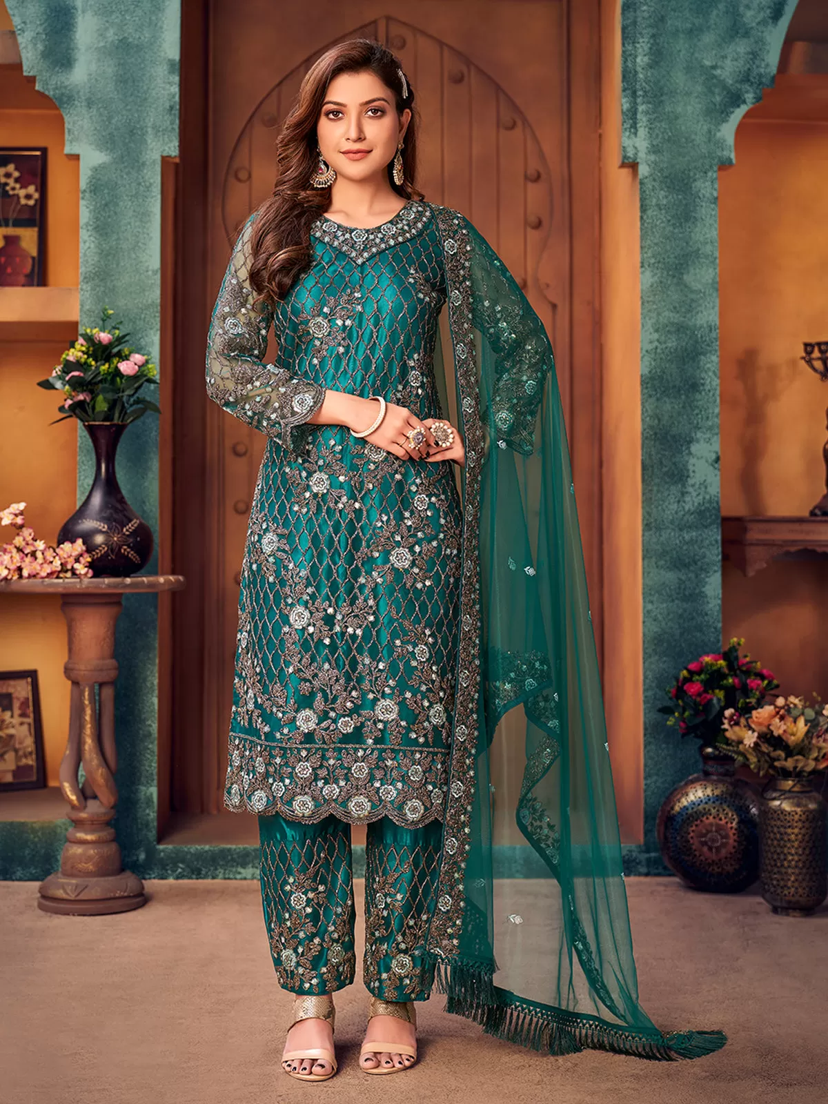 Odette Teal Net Embroidered Semi stitched Kurta Set with Inner For Women