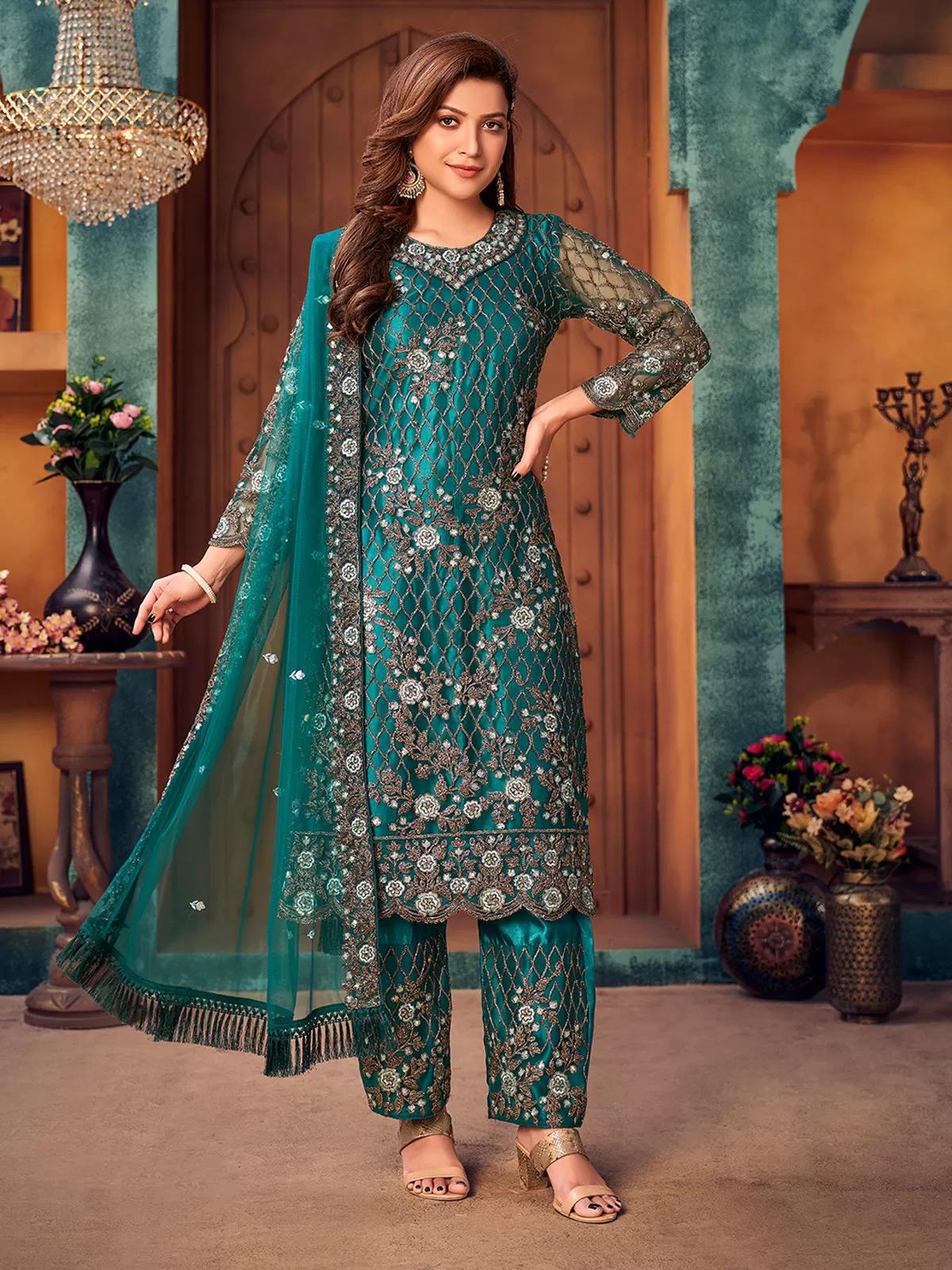 Odette Teal Net Embroidered Semi stitched Kurta Set with Inner For Women