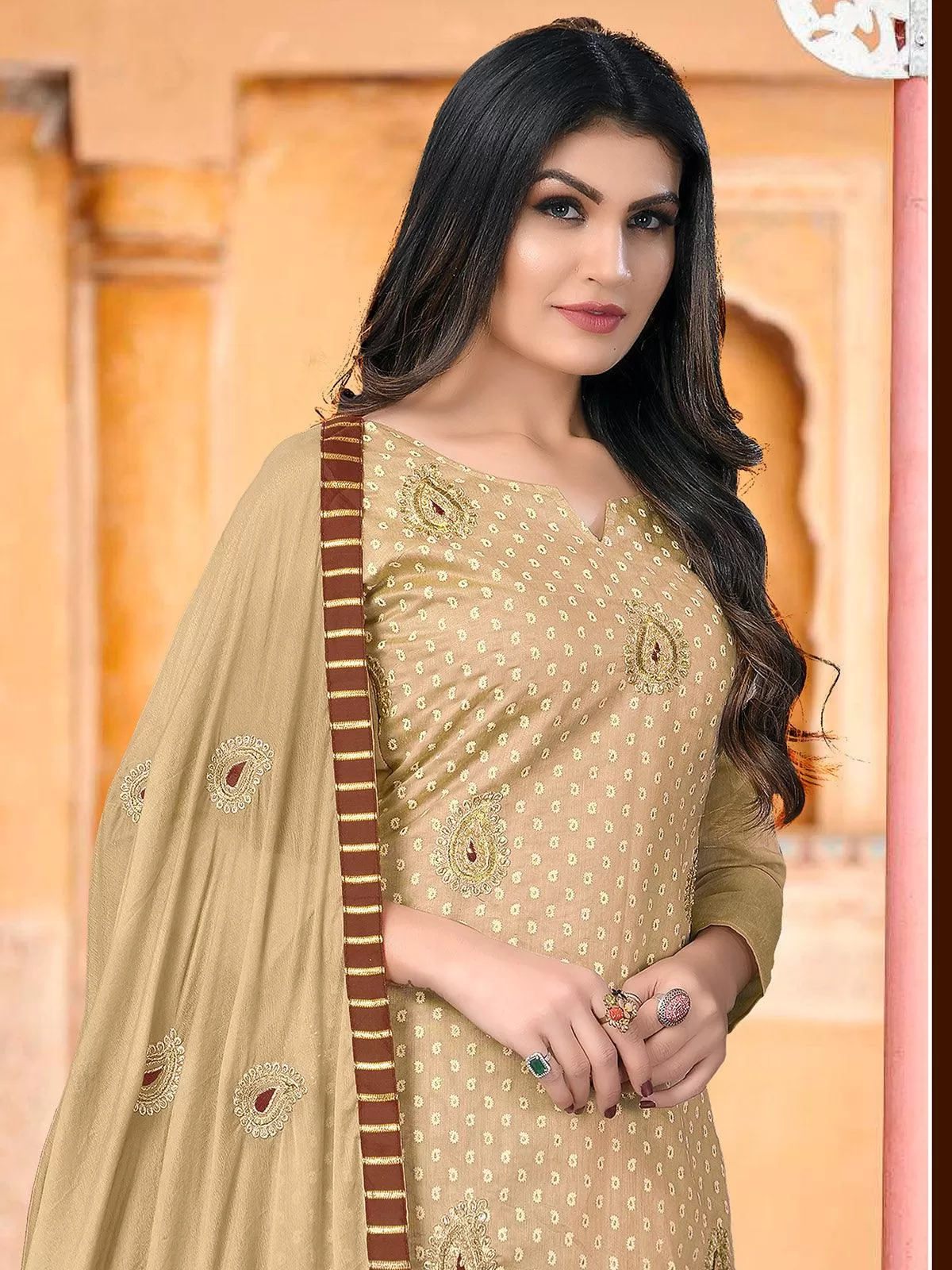 Odette Women Beige With Brown Designer Embroidery Semi Stitched Kurta Set