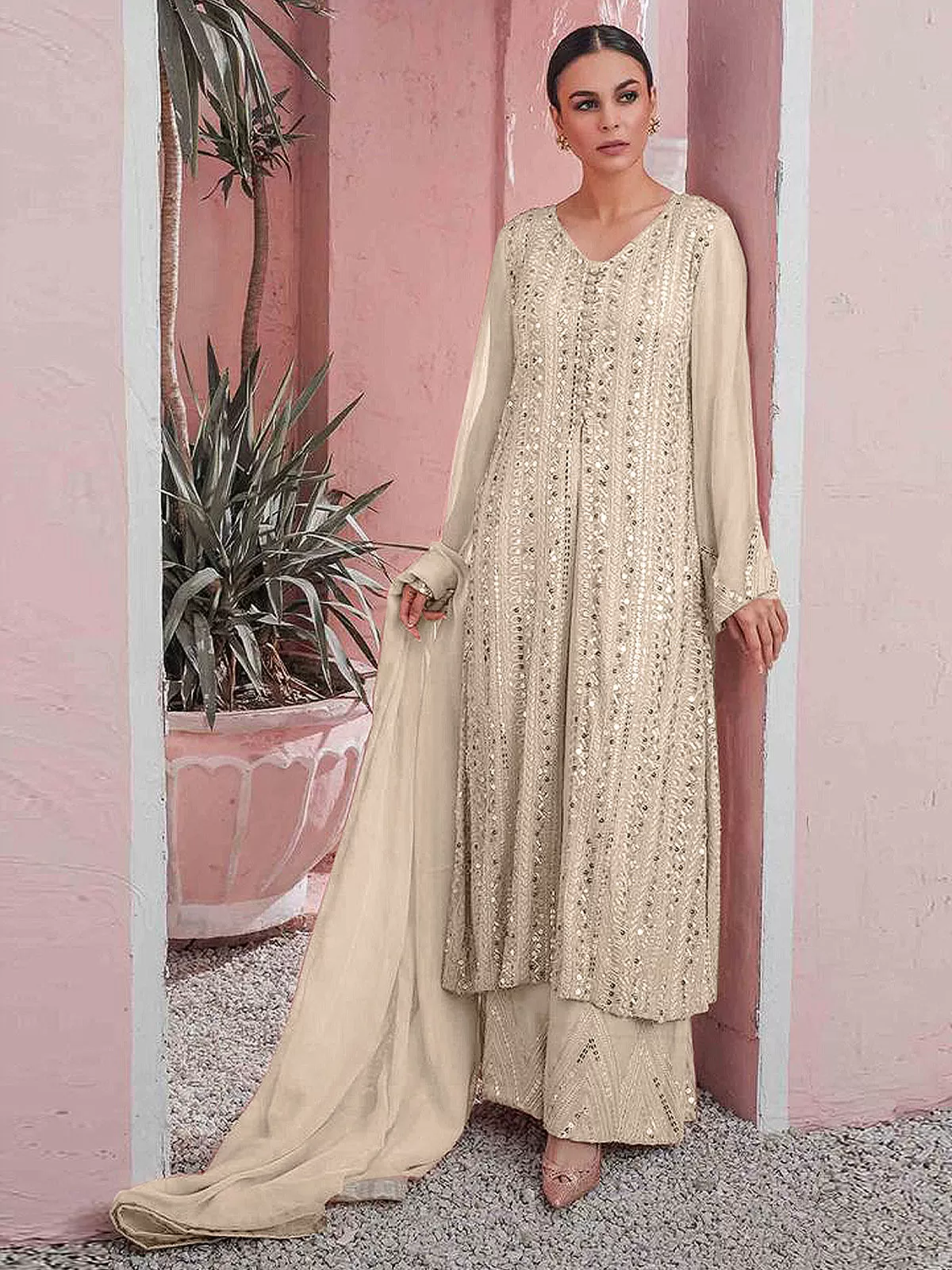 Odette Women Cream Color Party Wear Georgette Semi Stitched Suit