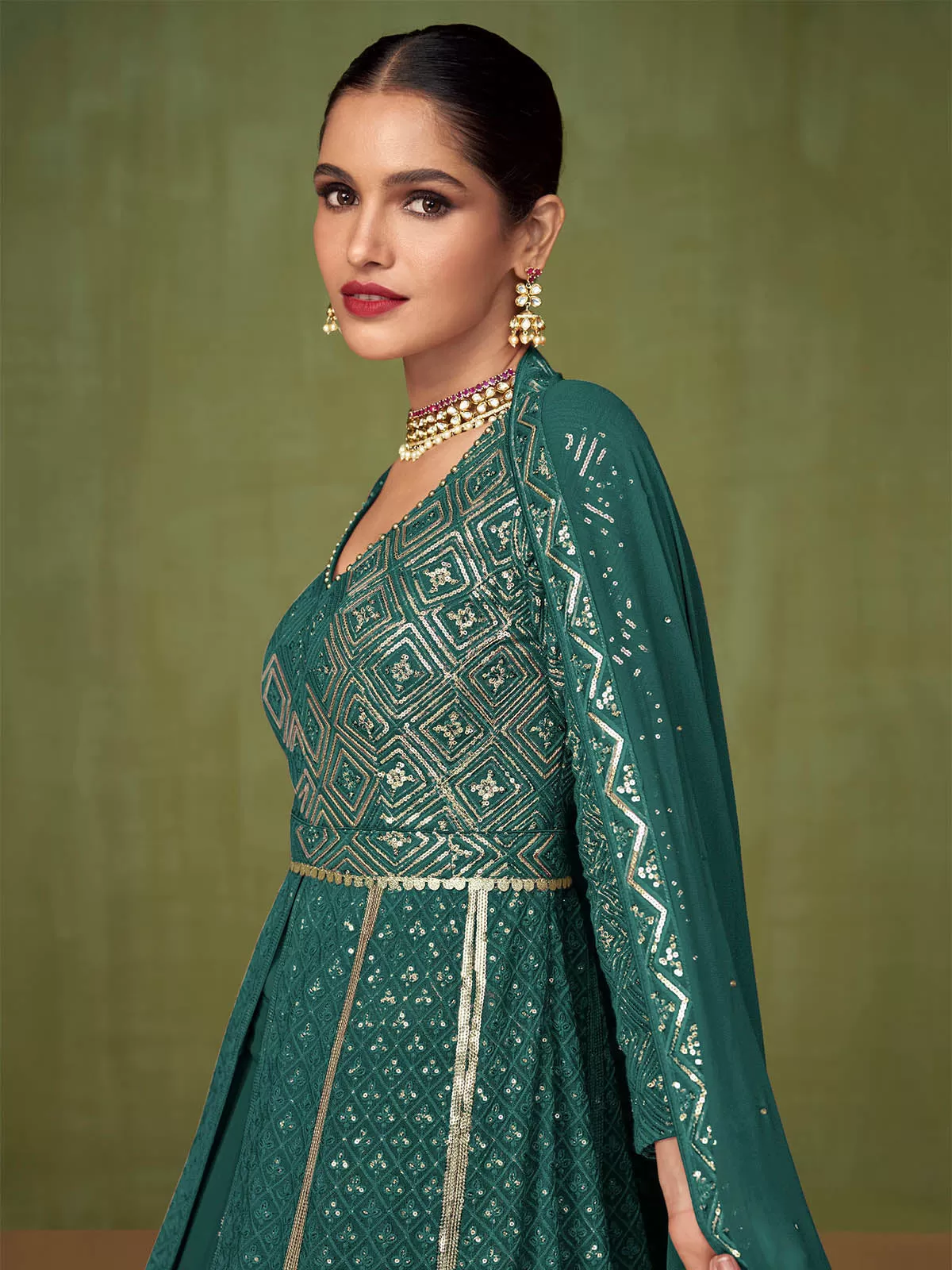 Odette Women Teal Embroidered Georgette A-Line Semi-Stitched Anarkali Suit