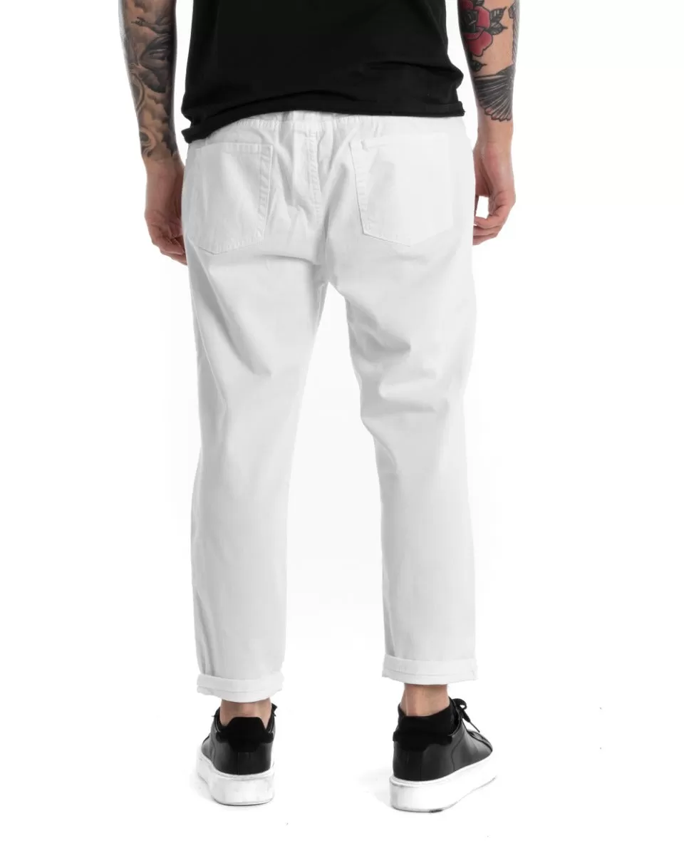 Pantaloni Jeans Uomo Regular Fit Bianco Pantalaccio Taglio al Ginocchio Casual GIOSAL-P5373A