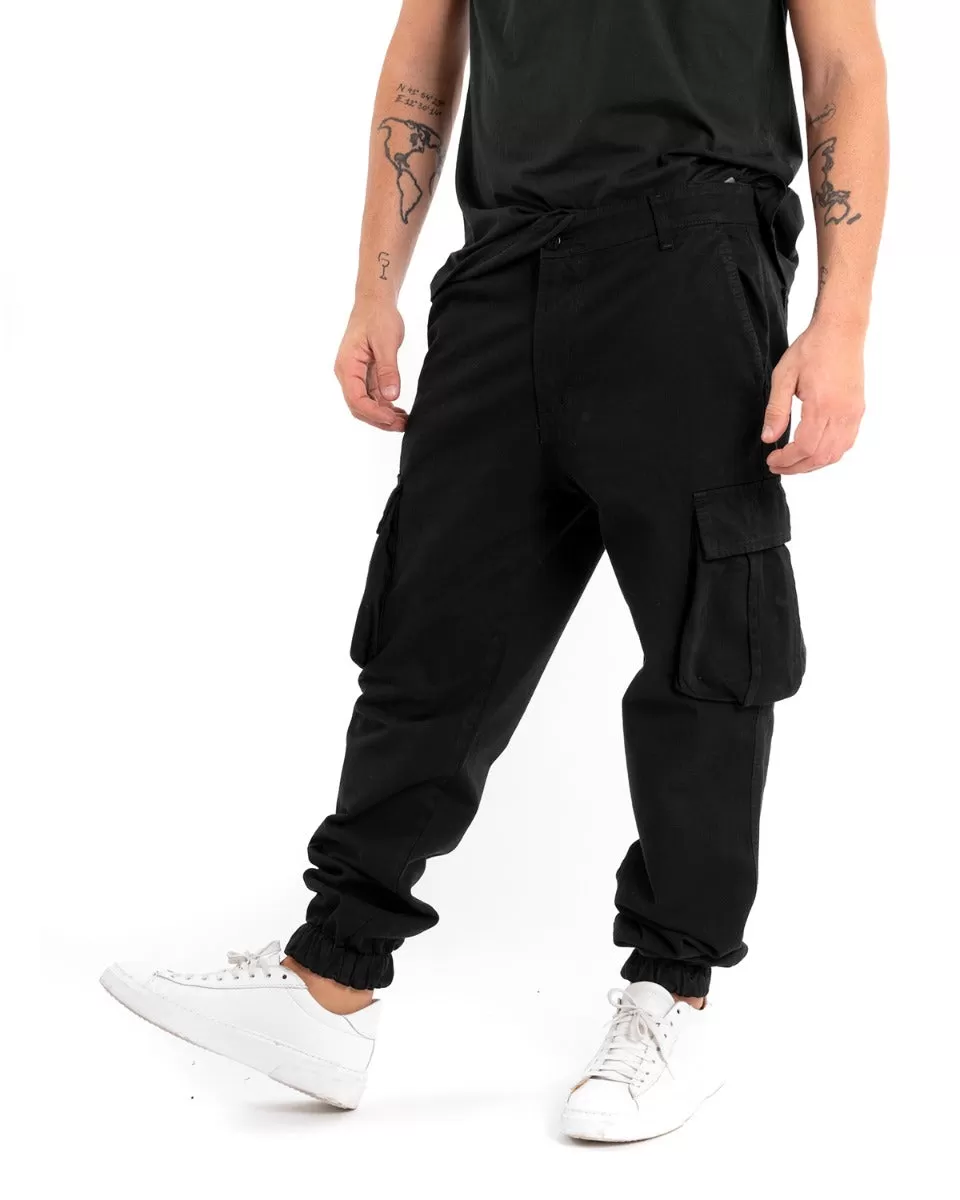 Pantaloni Uomo Cargo Tasconi Cotone Nero Casual Elastico Alla Caviglia GIOSAL-P5464A