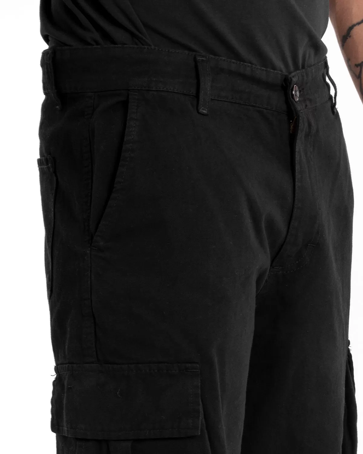 Pantaloni Uomo Cargo Tasconi Cotone Nero Casual Elastico Alla Caviglia GIOSAL-P5464A