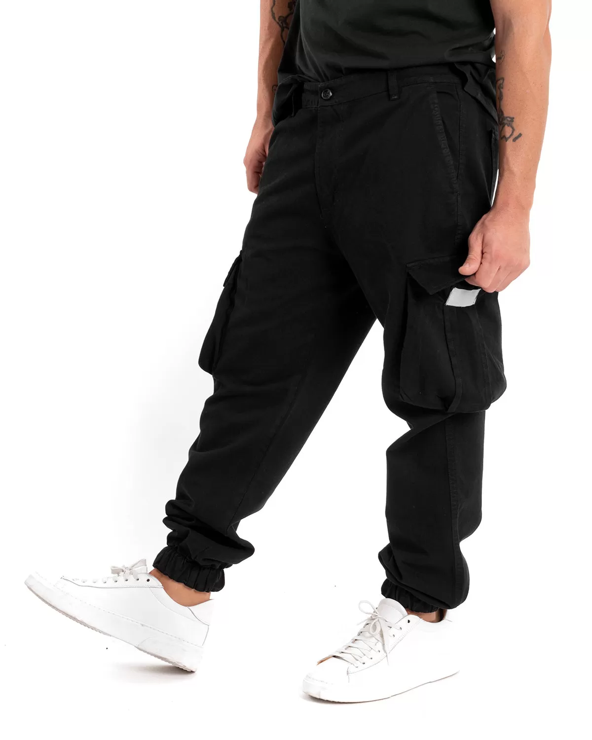 Pantaloni Uomo Cargo Tasconi Cotone Nero Casual Elastico Alla Caviglia GIOSAL-P5464A