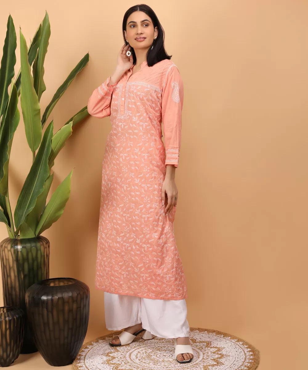 Peach handembroidery cotton chikankari straight kurta