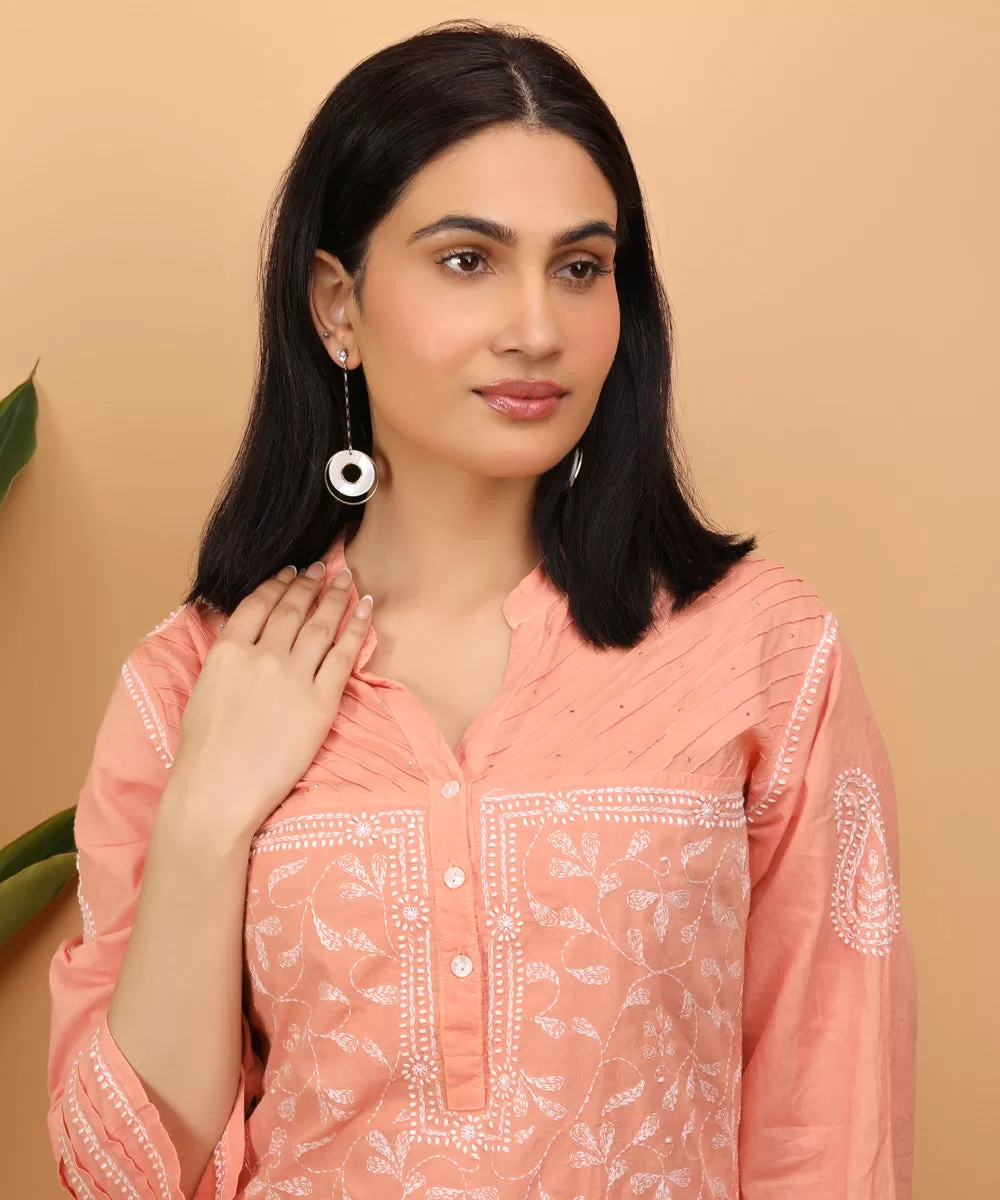 Peach handembroidery cotton chikankari straight kurta