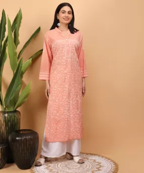 Peach handembroidery cotton chikankari straight kurta