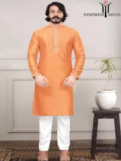 Peach Silk Cotton Men Kurta Pajama