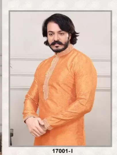 Peach Silk Cotton Men Kurta Pajama