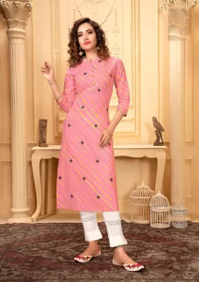 Pretty Pink Colored Cotton Printed Kurti With White Pencil  Pant Set