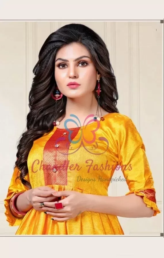 Pretty Yellow Color Aura Silk Kurti With Red Border