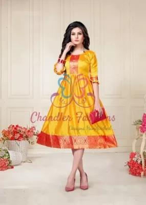 Pretty Yellow Color Aura Silk Kurti With Red Border