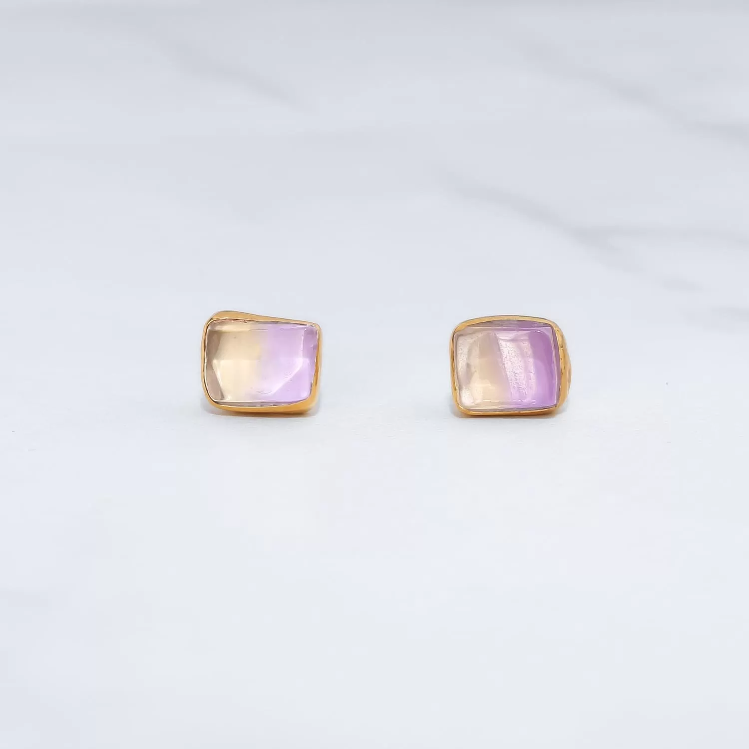 Raw Ametrine Stud Earrings w/ Gold Fill, Unique Natural Amethyst and Citrine Rough  Jewelry. Cube Rectangle Gemstone. Handmade in USA