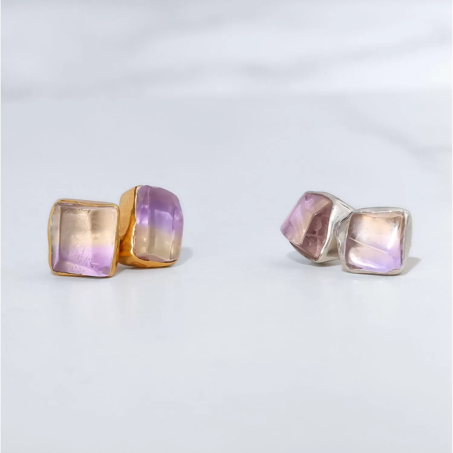 Raw Ametrine Stud Earrings w/ Gold Fill, Unique Natural Amethyst and Citrine Rough  Jewelry. Cube Rectangle Gemstone. Handmade in USA