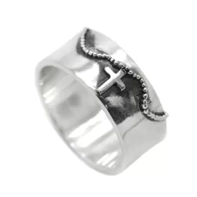 Religious Jewelry Band Engagement Mens Silver Ring with Cross on the Chain