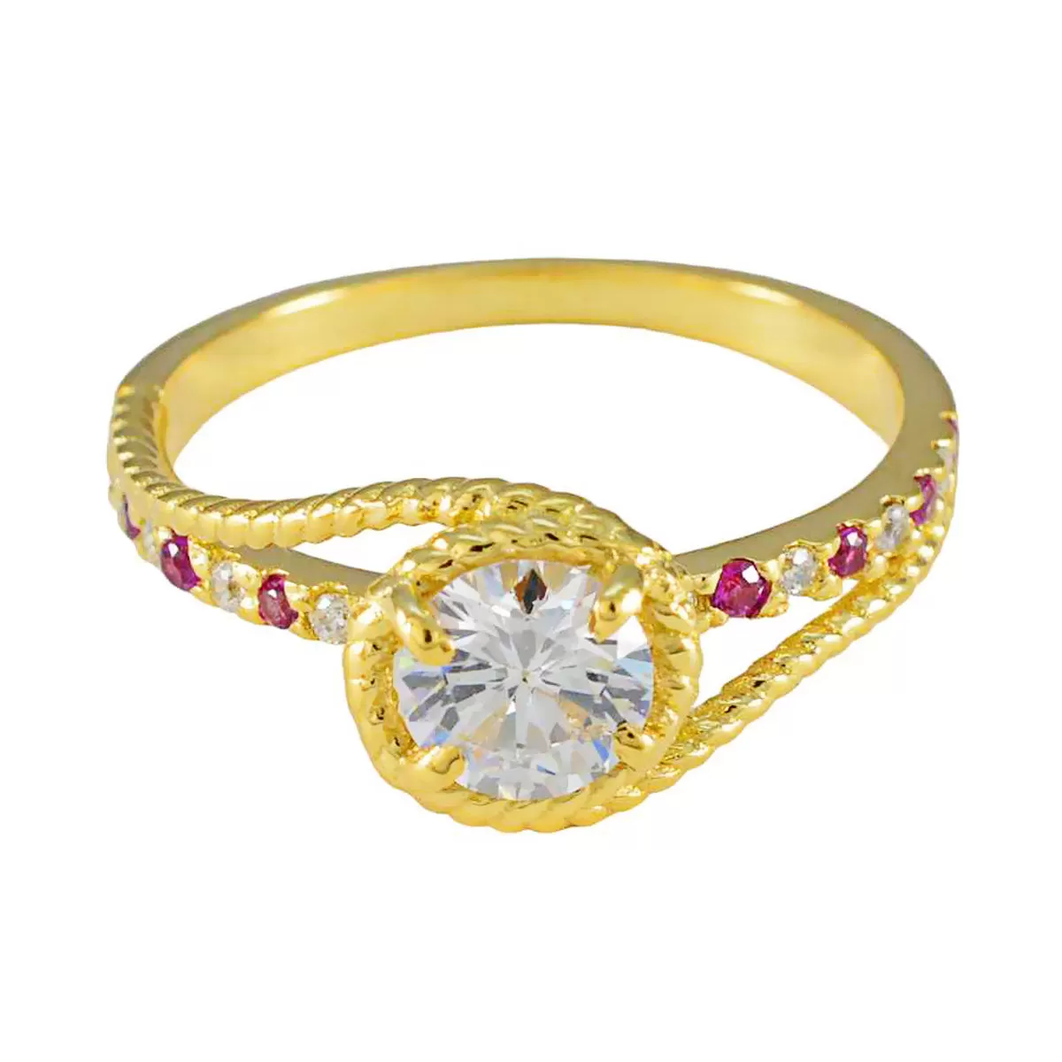 Riyo Beautiful Silver Ring With Yellow Gold Plating Ruby CZ Stone Round Shape Prong Setting  Jewelry