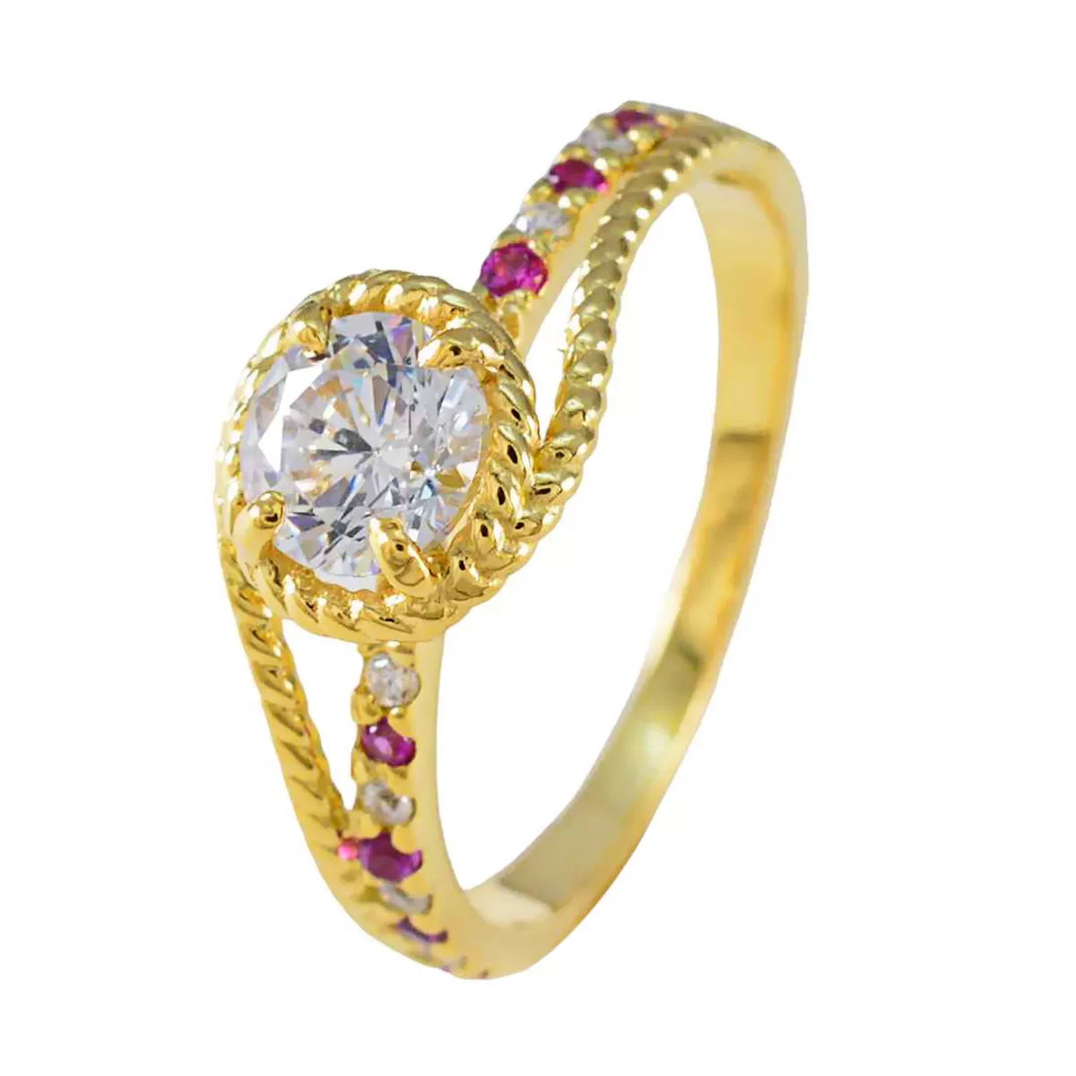 Riyo Beautiful Silver Ring With Yellow Gold Plating Ruby CZ Stone Round Shape Prong Setting  Jewelry