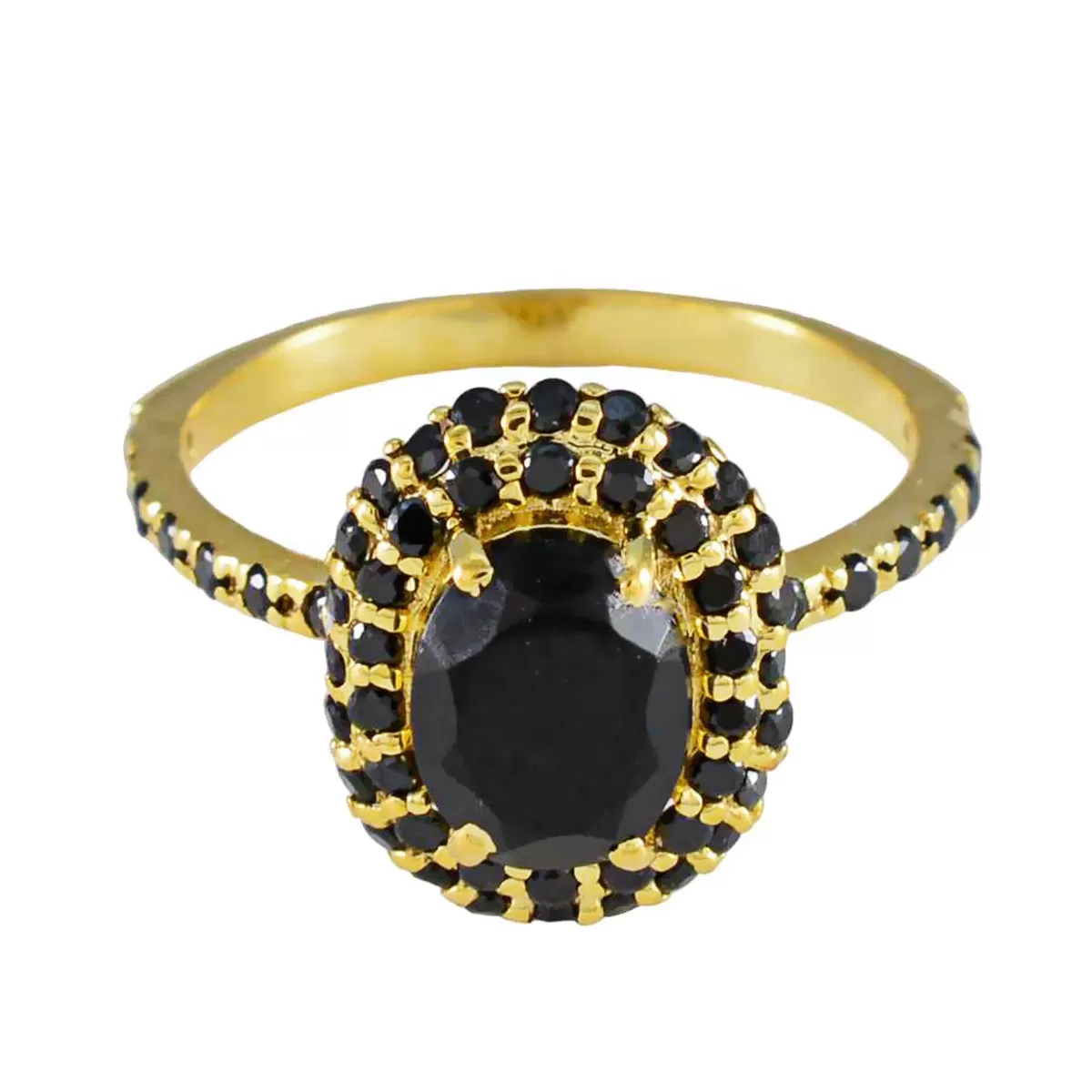 Riyo Gemstone Silver Ring With Yellow Gold Plating Black Onyx Stone Oval Shape Prong Setting Jewelry Cocktail Ring