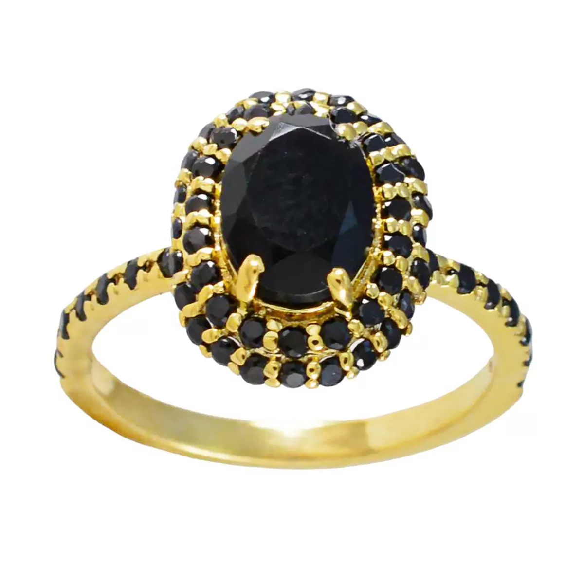 Riyo Gemstone Silver Ring With Yellow Gold Plating Black Onyx Stone Oval Shape Prong Setting Jewelry Cocktail Ring