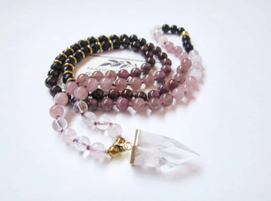 Rose Quartz, Strawberry Quartz with Bullet Point Quartz Pendant Necklace