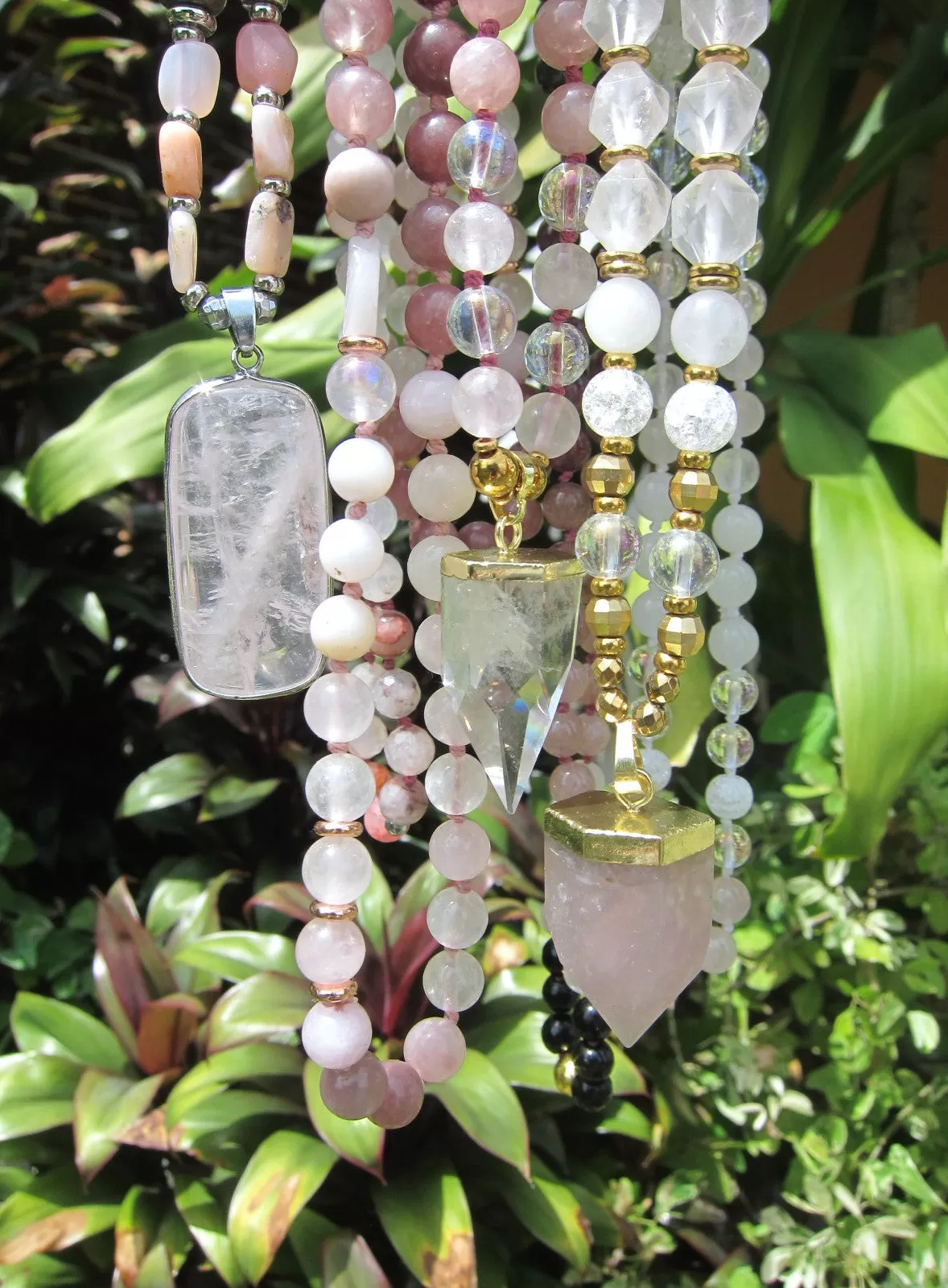 Rose Quartz, Strawberry Quartz with Bullet Point Quartz Pendant Necklace