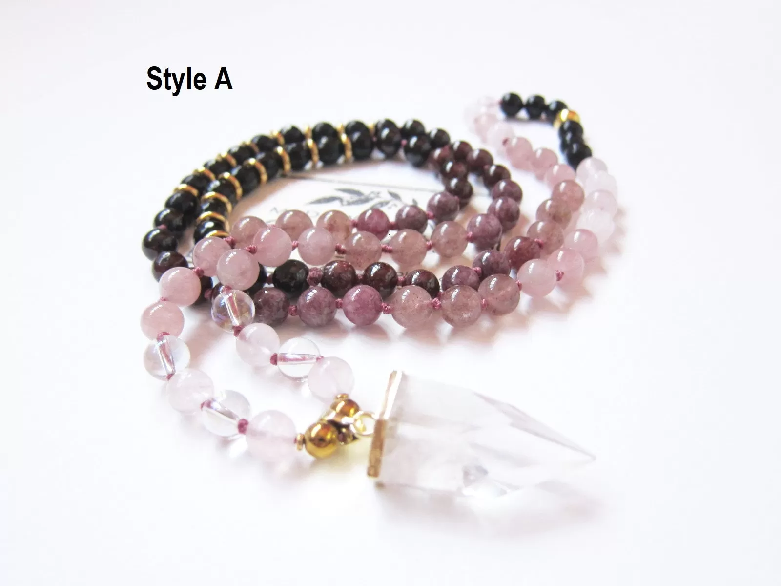 Rose Quartz, Strawberry Quartz with Bullet Point Quartz Pendant Necklace