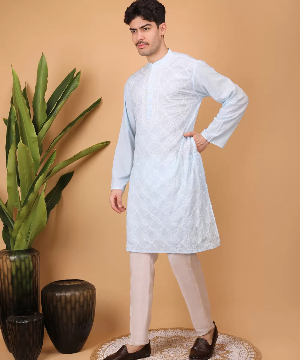 Sky blue hand embroidered cotton chikankari kurta