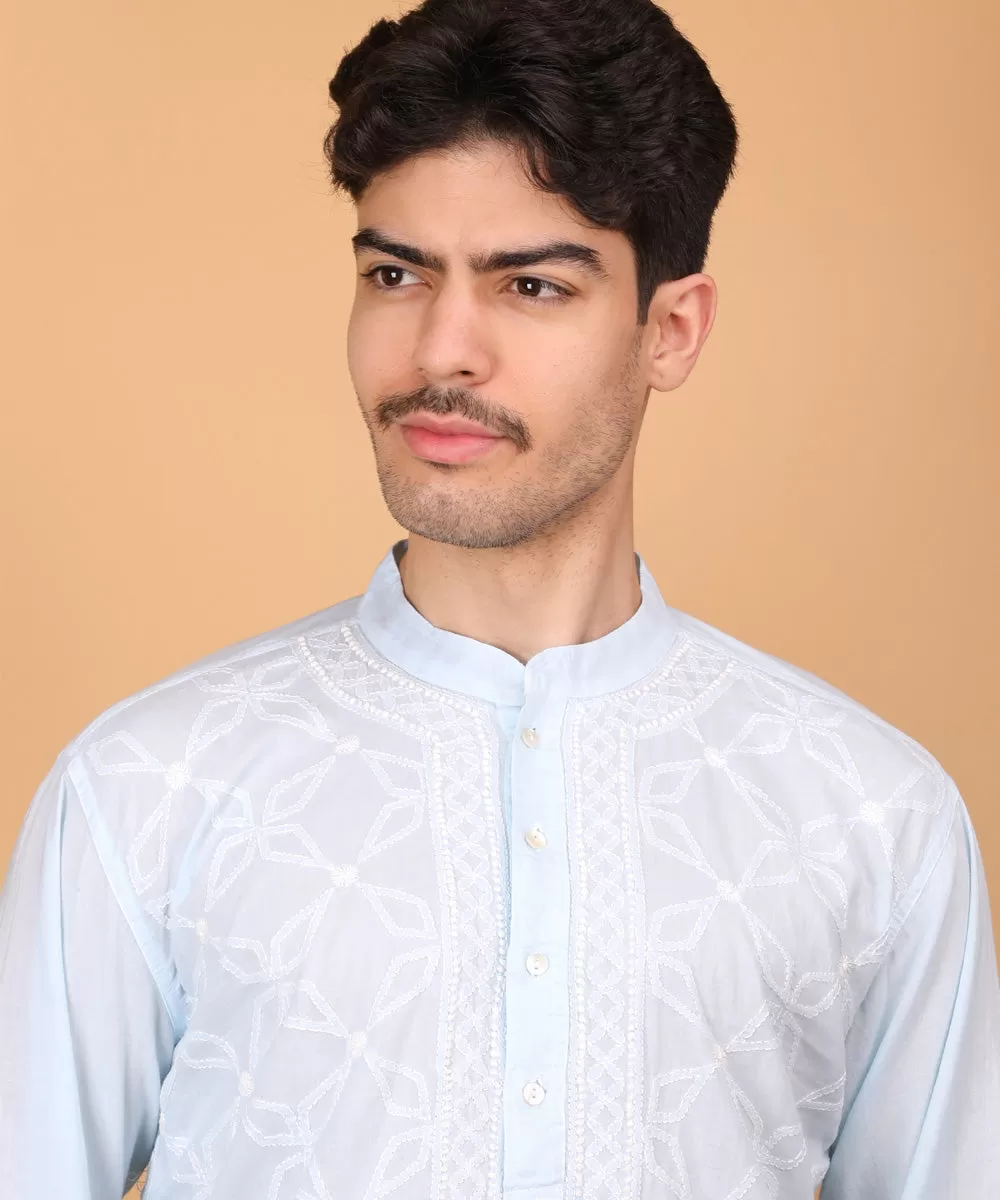 Sky blue hand embroidered cotton chikankari kurta