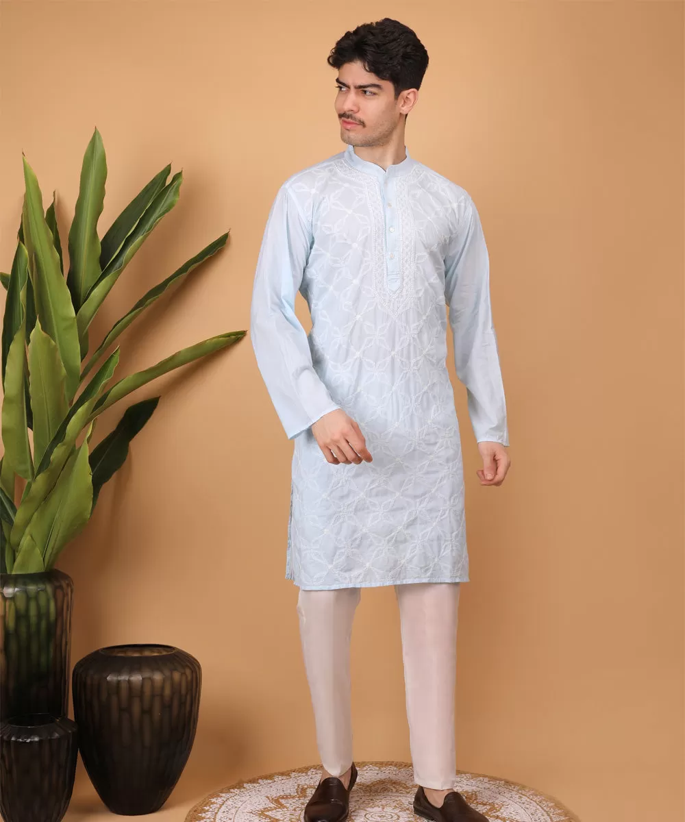 Sky blue hand embroidered cotton chikankari kurta