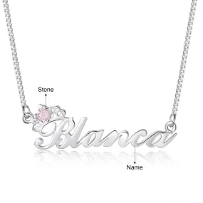 Sterling Silver 1 Name 1 Stone Personalized Crown Necklace