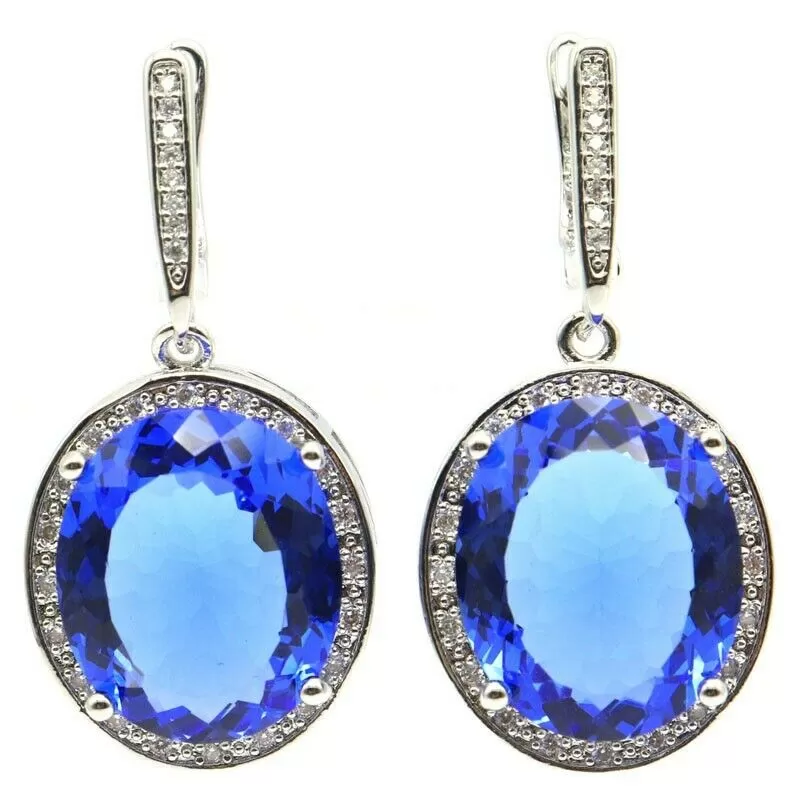 Sterling Silver Big Oval Created Blue Tanzanite Drop Earrings