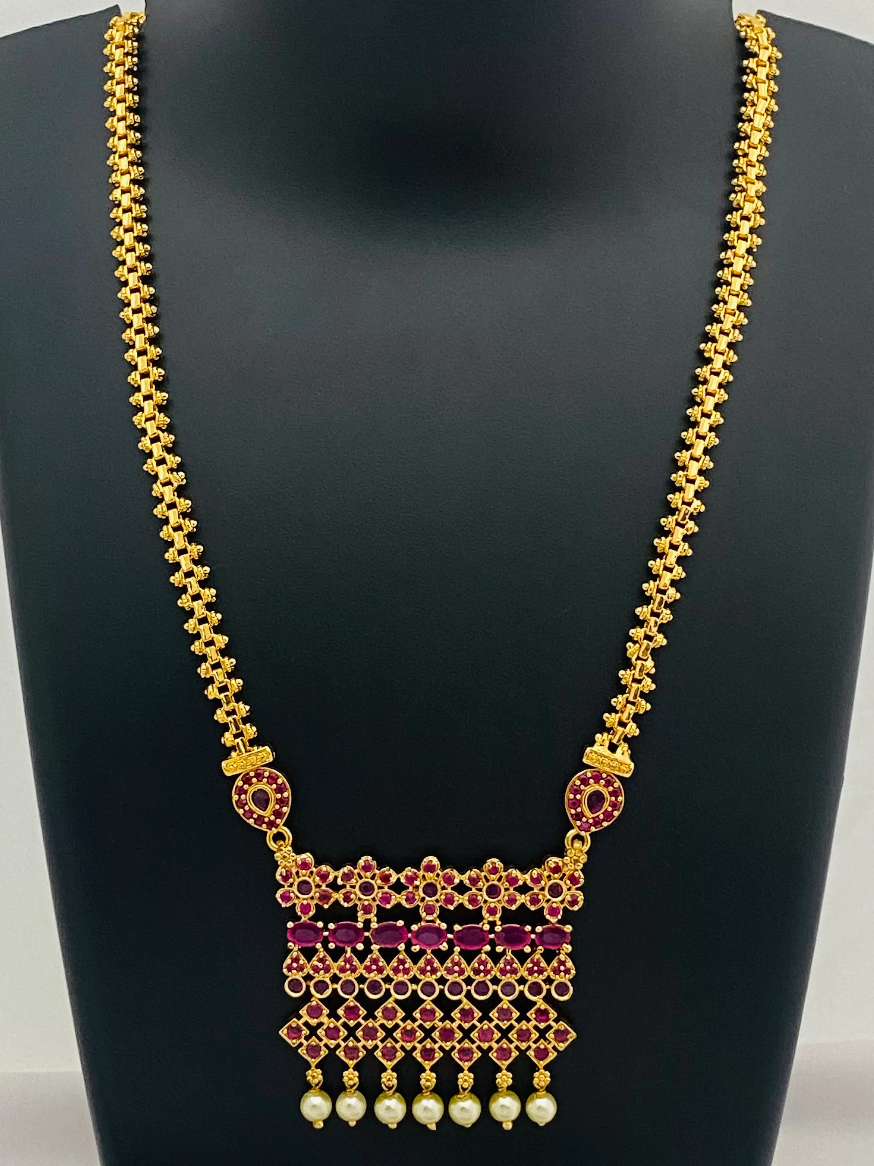 Stunning Ruby Colored Long Chain With Pearl Drops