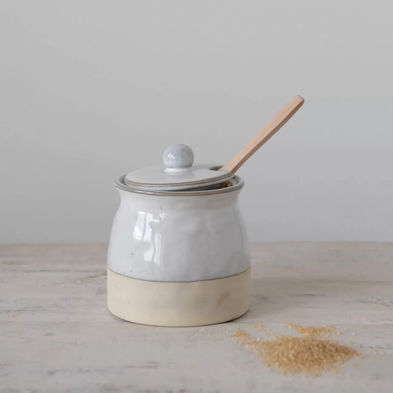 Sugar Pot with Lid and Wood Spoon