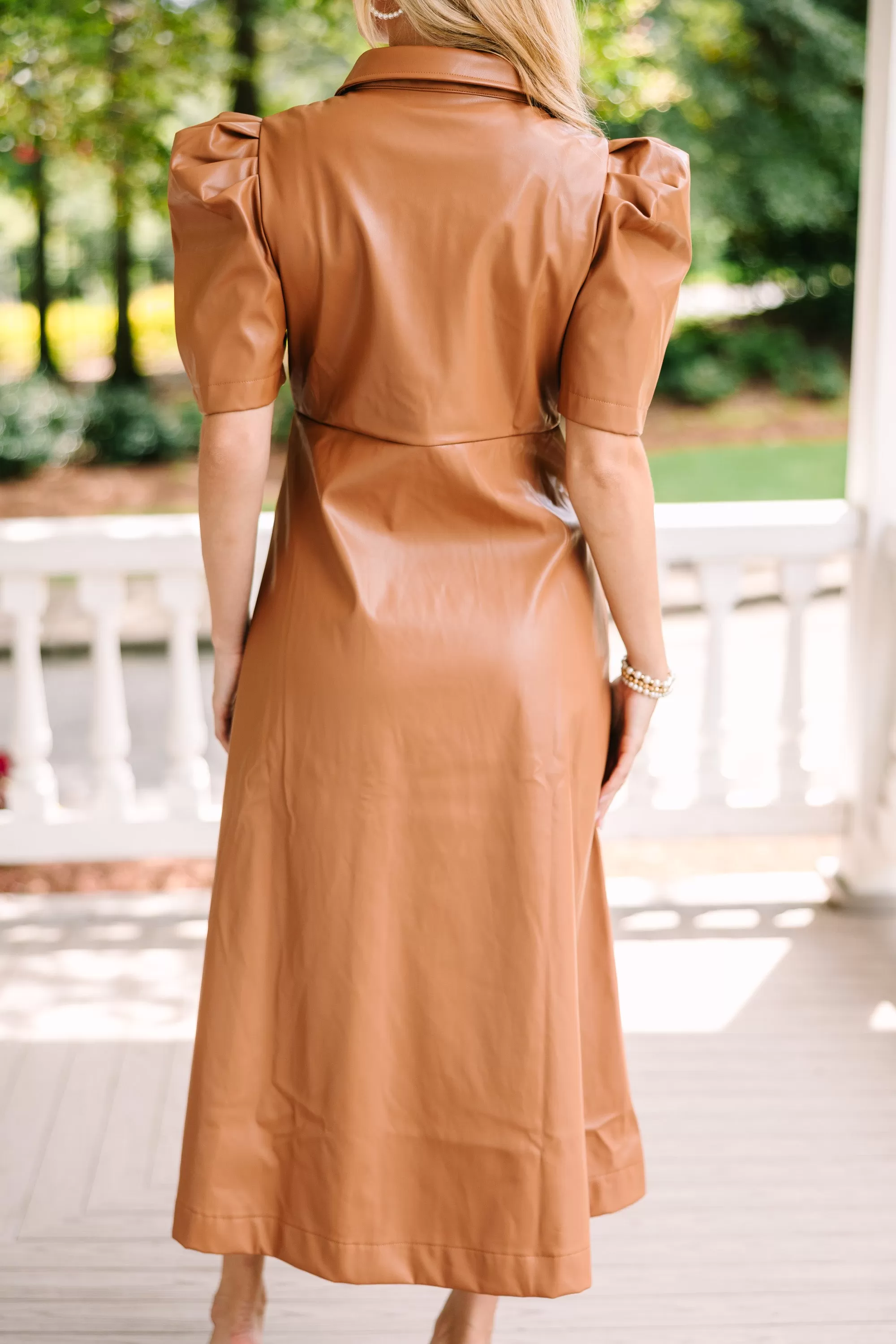 Take It As It Is Camel Brown Faux Leather Midi Dress