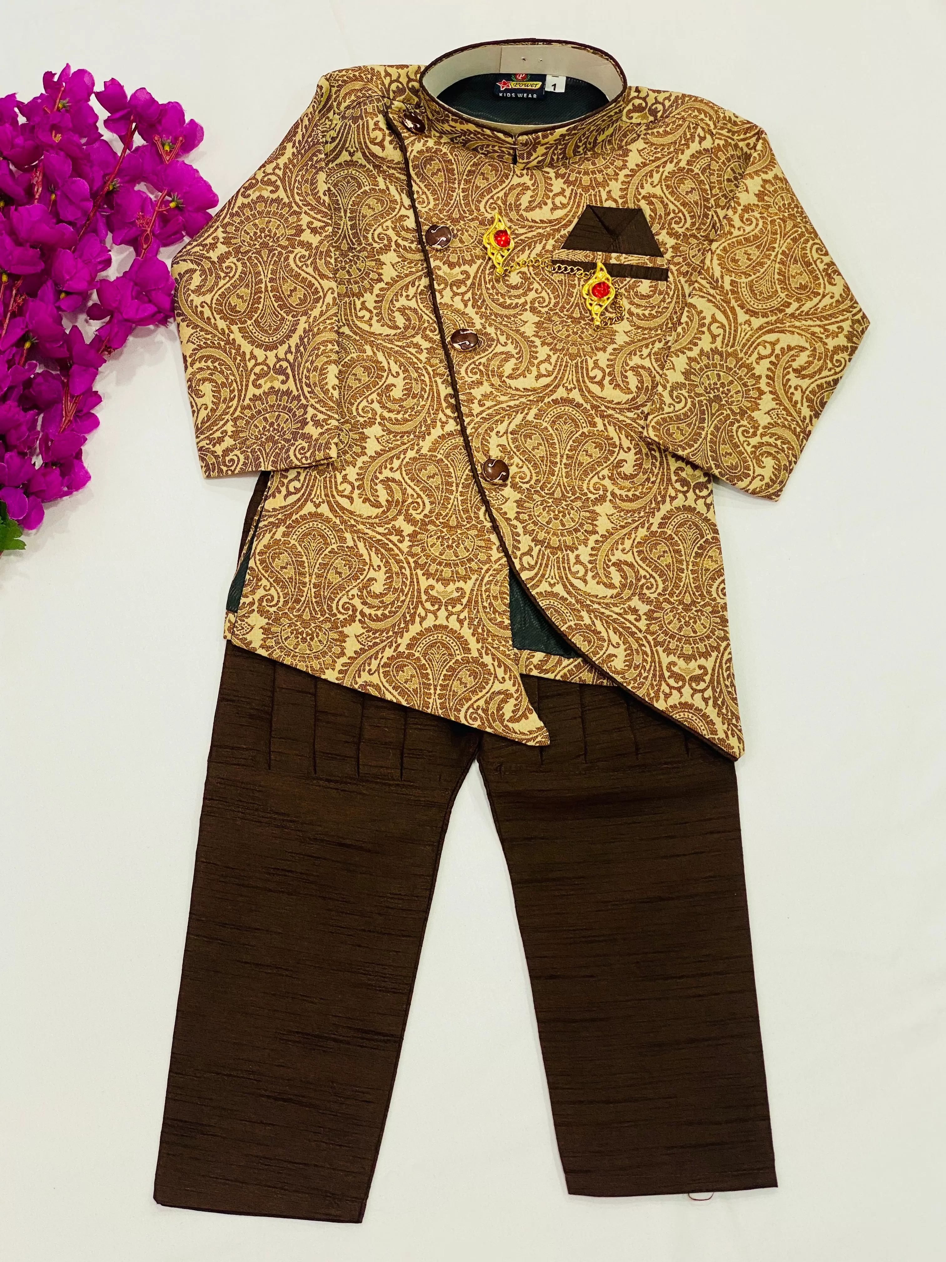 Traditional Ethnic Kids Silk Kurta Pajama Set - Brown