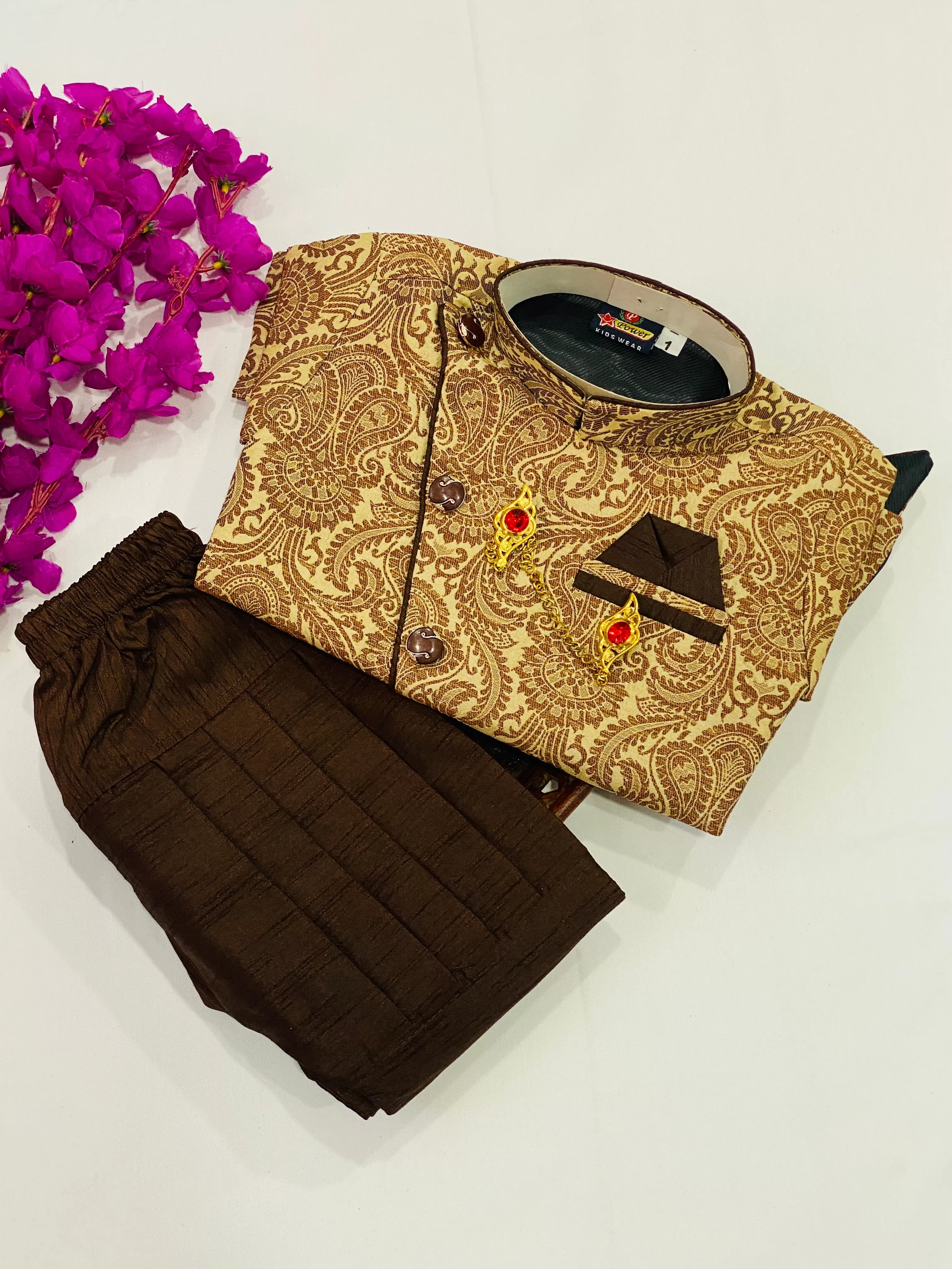 Traditional Ethnic Kids Silk Kurta Pajama Set - Brown