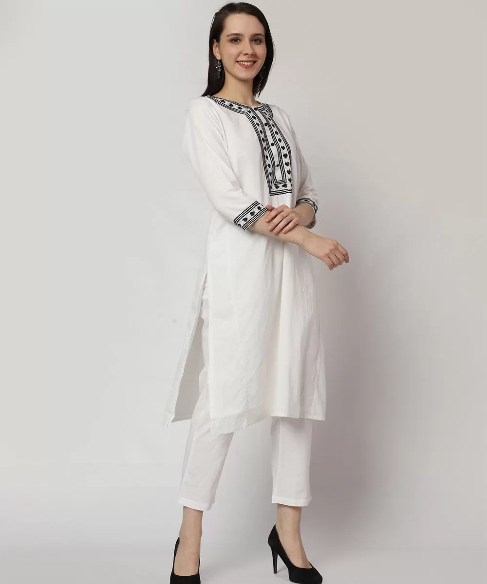 White heart hand embroidered cotton kurta set