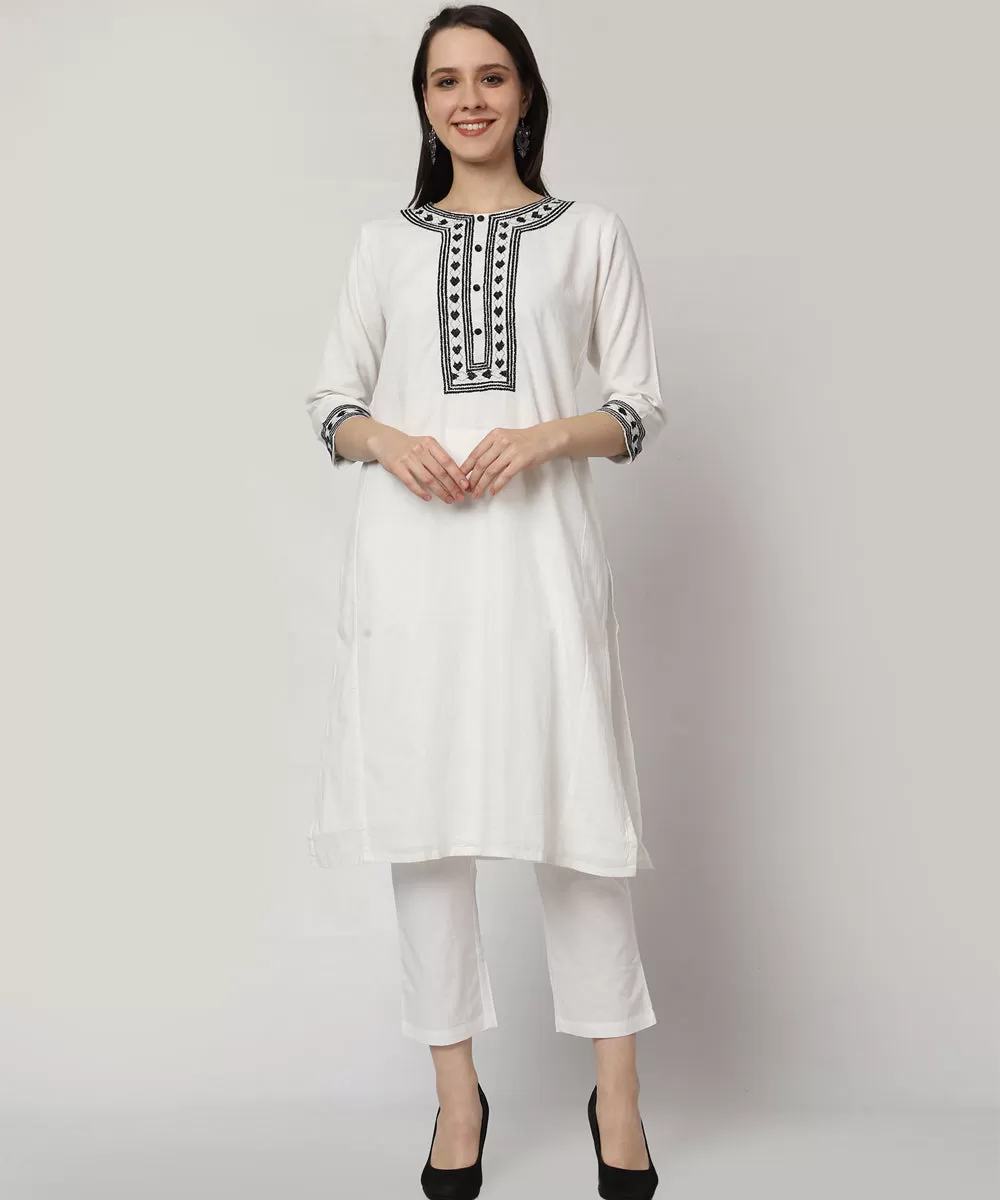 White heart hand embroidered cotton kurta set