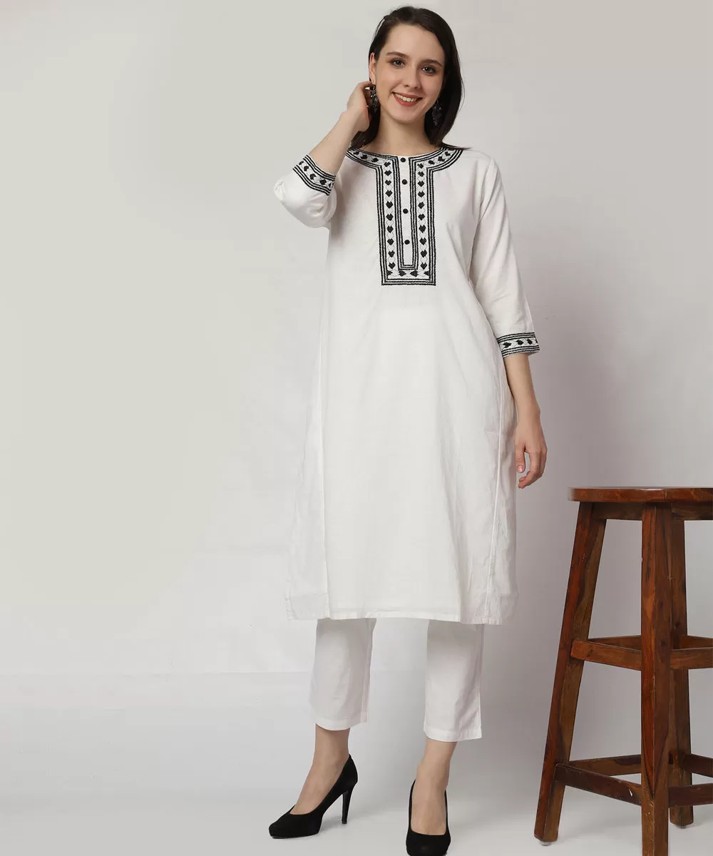 White heart hand embroidered cotton kurta set