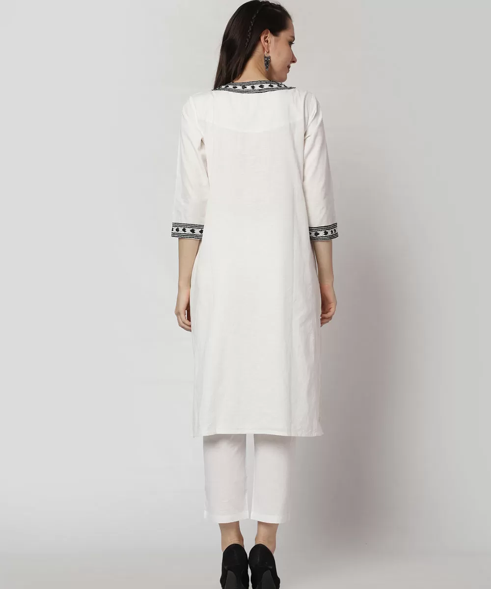 White heart hand embroidered cotton kurta set