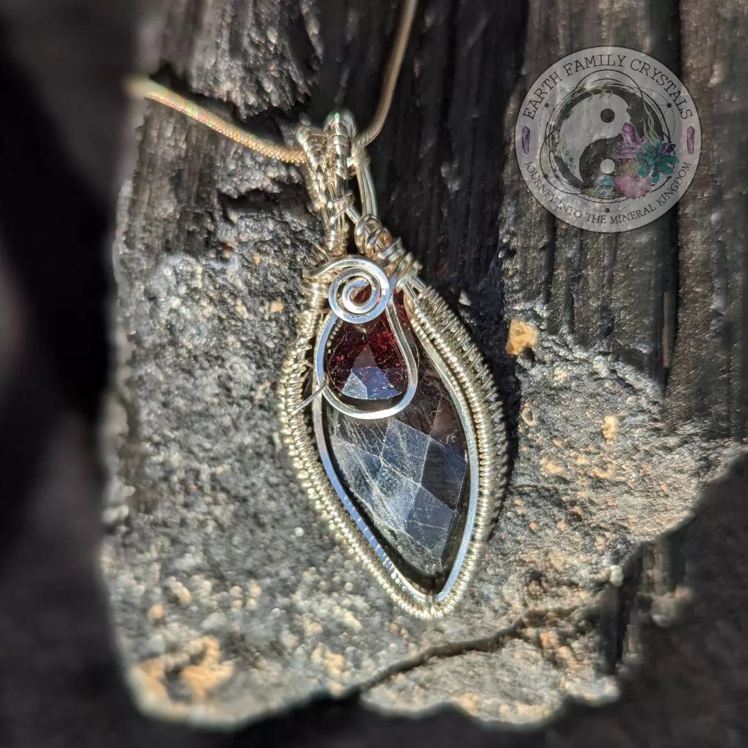 Wire Wrapped Hypersthene and Garnet Pendant ~ Fancy Faceted Gemstone Necklace