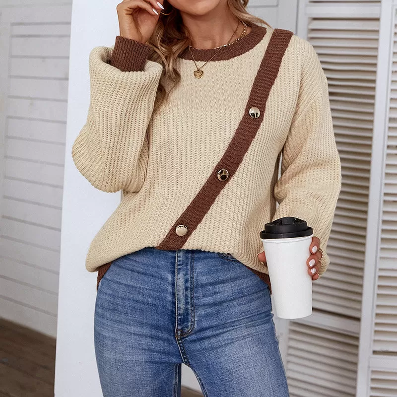 Women Sweaters Kniting Round Collar Pullover Rhinestone Straps