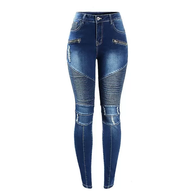 Women`s Jeans Motorcycle Biker Zip Mid High Waist Stretch Denim Skinny Pants