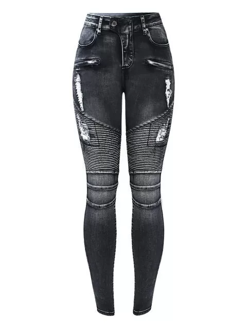 Women`s Jeans Motorcycle Biker Zip Mid High Waist Stretch Denim Skinny Pants