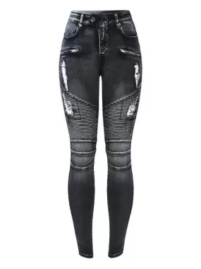 Women`s Jeans Motorcycle Biker Zip Mid High Waist Stretch Denim Skinny Pants